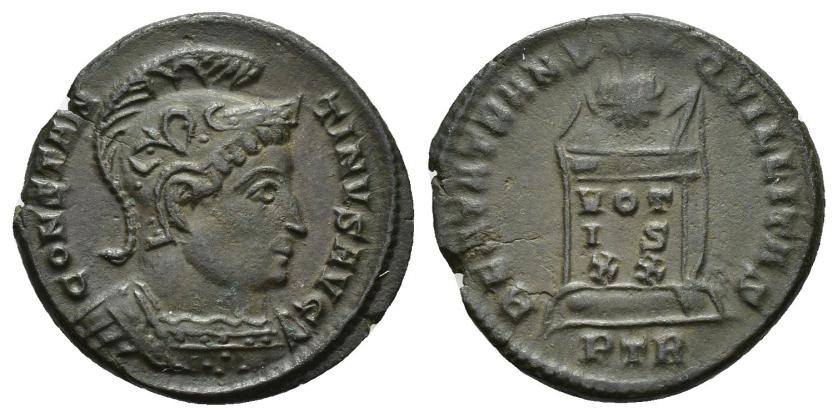 3170   -  IMPERIO ROMANO. CONSTANTINO. Follis. Treveris (321). A/ Busto con casco y coraza a der.; CONSTAN-TINVS AVG. R/ Altar con globo e inscripción VOT/IS/XX, encima 3 estrellas; BEATA TRANQVILLITAS. -/-// PTR. AE 3,64 g. 19,9 mm. RIC-303. Cospel abierto. EBC-/MBC+.