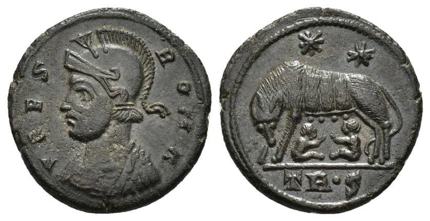 3171   -  IMPERIO ROMANO. CONSTANTINO I. Follis. Treveris (332-333). A/ Busto de Roma a izq.; VRBS ROMA. R/ Loba con los gemelos, encima dos estrellas. -/-//TR.S. AE 2,91 g. 17,7 mm. RIC-542. MBC+/EBC.