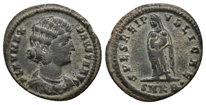 3174   -  IMPERIO ROMANO. FAUSTA. Follis. Cizycus (325-326). A/ Busto drapeado a der.; FLAV MAX FAVSTA AVG. R/ Fausta con dos niños en brazos; SPES REIPVBLICAE. -/-//SMKB . . AE 2,34 g. 21 mm. RIC-40. MBC.