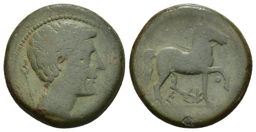 93   -  HISPANIA ANTIGUA. KESE-TARRACO. Semis. A/ Cabeza masculina a der., detrás caduceo. R/ Caballo al paso a der., glóbulo entre las patas delanteras, debajo KeSE. AE 8,65 g. 22,3 mm. I-2306. ACIP-1129. CC-1204, mismo ejemplar. Pátina verde. MBC-/BC+.