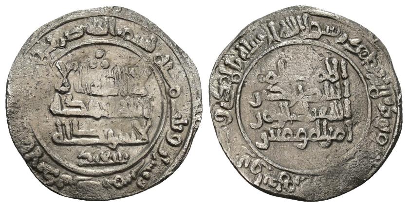 3206   -  ACUÑACIONES HISPANO-ÁRABES. CALIFATO. Abd al-Rahamn III. Dirham. Al-Andalus. 325 H. AR 2,83 g. 23,4 mm. V-386. Ligeramente alabeada. MBC-. 