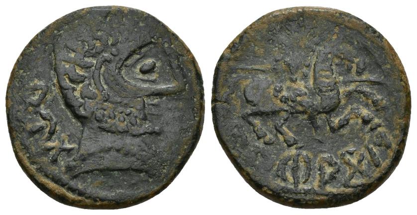 95   -  HISPANIA ANTIGUA. UARAKOS. As. A/ Cabeza masculina a der., delante delfín (?), detrás AUTa. R/ Jinete lancero a der., debajo sobre línea UARAKoS. AE 6,77 g. 23,1 mm. I-2469. ACIP-1914. Pátina oscura. MBC/MBC-. Rara.