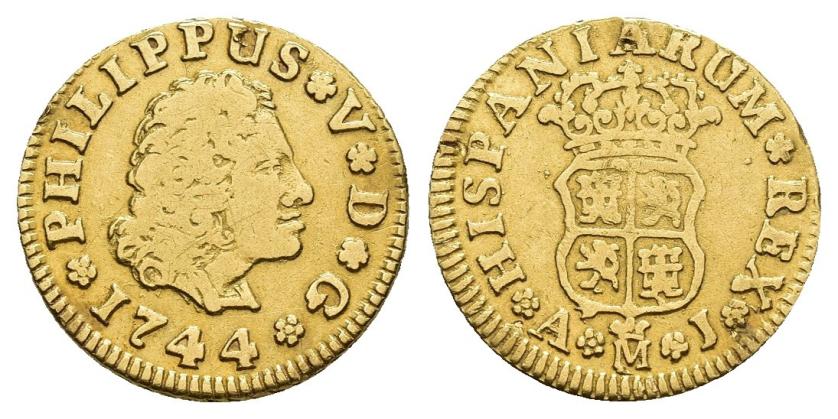 3236   -  FELIPE V. 1/2 escudo. 1744. Madrid. AJ. AU 1,71 g. 14,5 mm. VI-1279. Estuvo engarzada. MBC-.