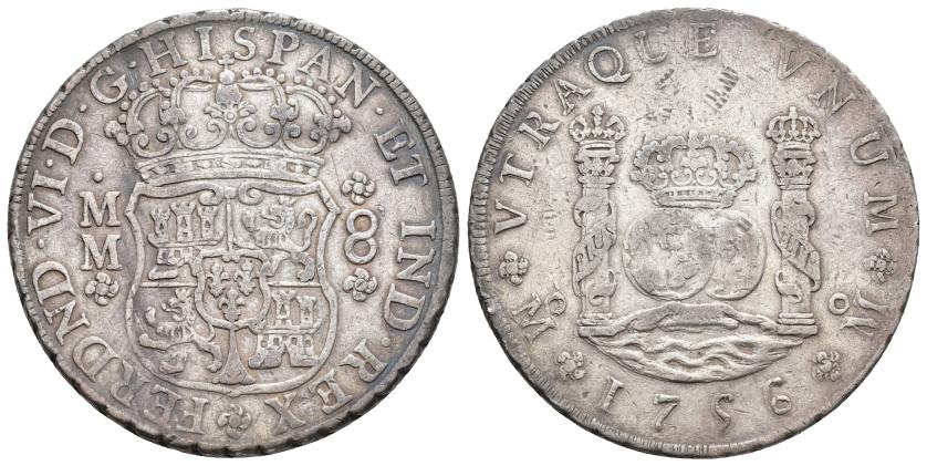 3239   -  FERNANDO VI. 8 reales. 1756. México. MM. AR 26,90 g. 39,1 mm. VI-367. Golpecitos en rev. MBC.