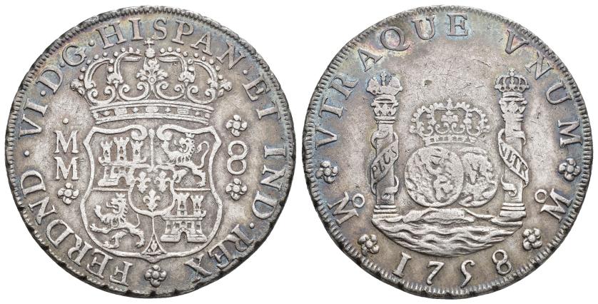 3240   -  FERNANDO VI. 8 reales. 1758. México. MM. AR 26,98 g. 39,2 mm. VI-369. Leve grafito en rev. MBC.