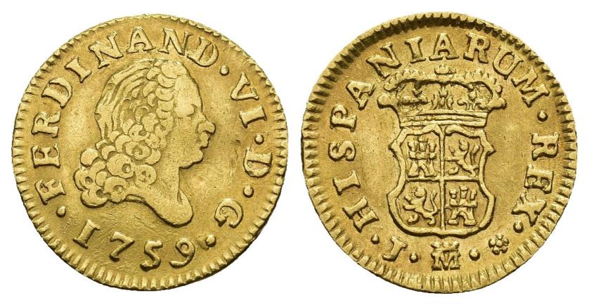 3242   -  FERNANDO VI. 1/2 escudo. 1759. Madrid. J. AU 1,74 g. 15,3 mm. VI-419. Golpe en anv. y otro en rev. MBC/MBC+.