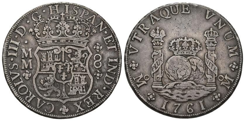 3244   -  CARLOS III. 8 reales. 1761. México. MM. AR 26,99 g. 38,71 mm. VI-917. MBC/MBC-.