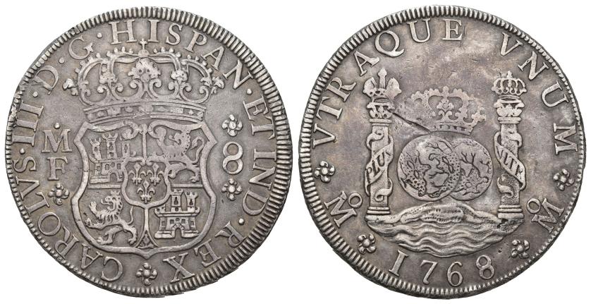 3245   -  CARLOS III. 8 reales. 1768. México. MF. AR 26,8 g. 39,3 mm. VI-926. Raya en rev. MBC.