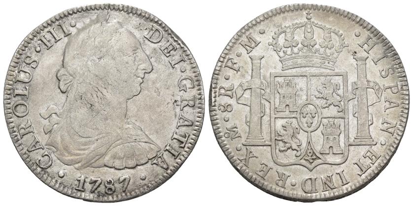 3247   -  CARLOS III. 8 reales. 1787. México. FM. AR 26,56 g. 38,76 mm. VI-952. Ligera plata agria y pequeñas marcas. MBC-/MBC.