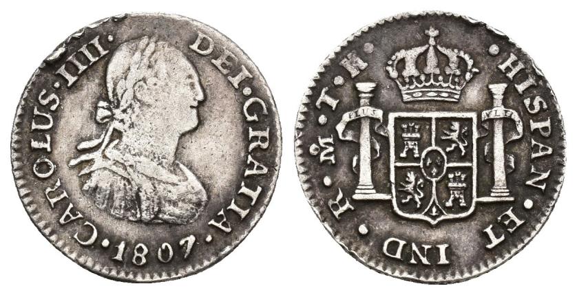 3249   -  CARLOS IV. 1/2 real. 1807. México. TH. AR 1,69 g. 16,59 mm. VI-250. Golpes en canto. MBC-/MBC.