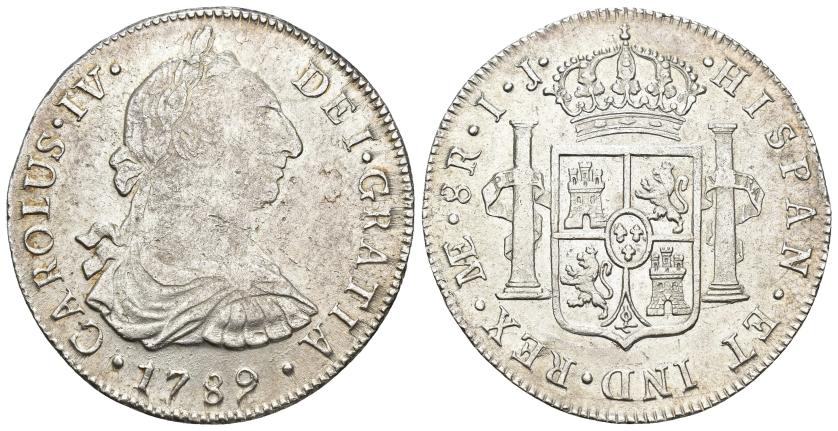 3252   -  CARLOS IV. 8 reales. 1789. Lima. IJ. AR 26,75 g. 40,72 mm. VI-750. Rayas y hojitas en rev. MBC+.