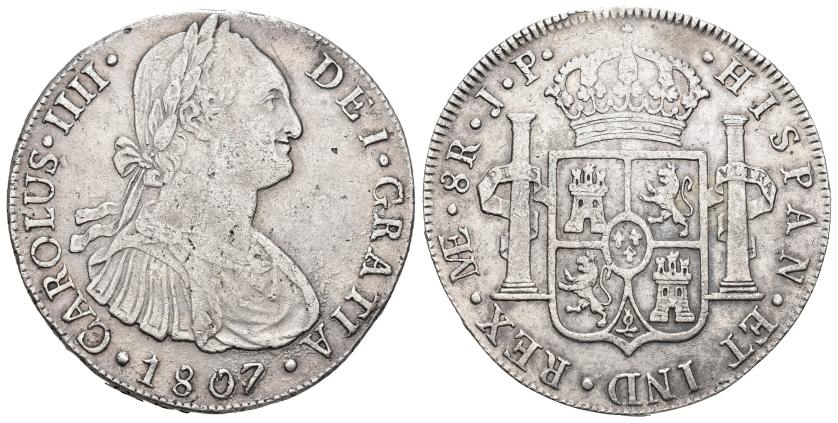 3253   -  CARLOS IV. 8 reales. 1807. Lima. JP. AR 26,56 g. 38,93 mm. VI-770. Ligera plata agria. MBC.