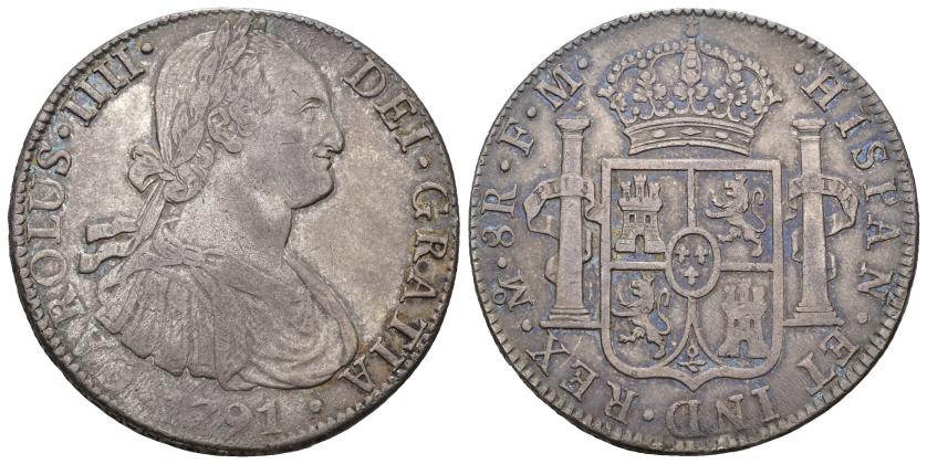 3254   -  CARLOS IV. 8 reales. México. 1791. FM. AR 26,87 g. 38,58 mm. VI-787. Pátina gris. MBC.