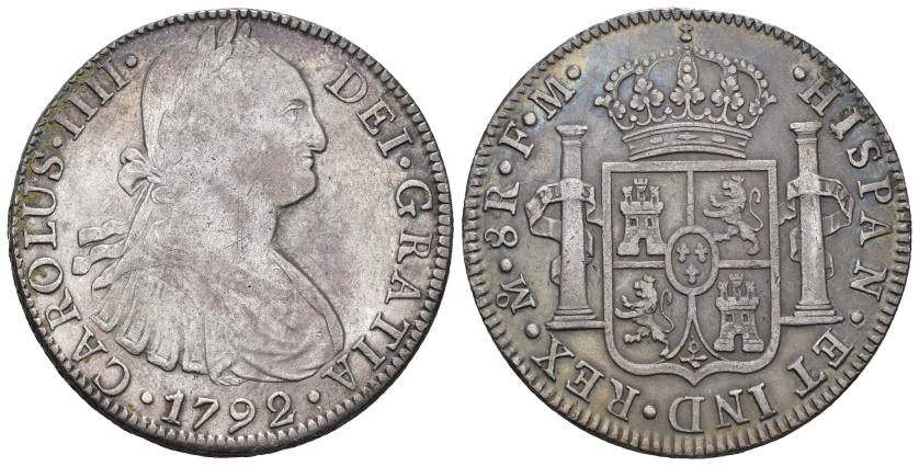 3255   -  CARLOS IV. 8 reales. 1792. México. FM. AR 26,9 g. 38,97 mm. VI-788. Rayitas. MBC-/MBC. 