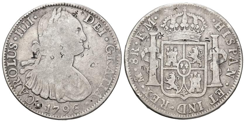 3257   -  CARLOS IV. 8 reales. 1796. México. FM. AR 26,2 g. 40,02 mm. VI-792. Resellos orientales. BC+/MBC-.
