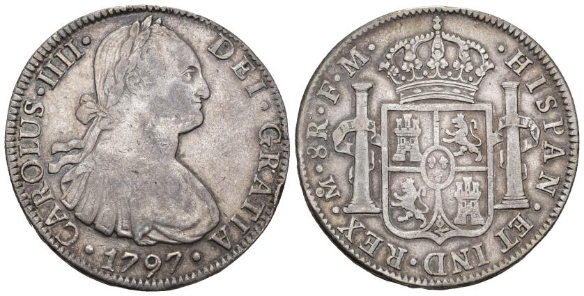 3259   -  CARLOS IV. 8 reales. 1797. México. FM. AR 26,91 g. 39,35 mm. VI-793. Golpecito en gráfila. MBC-/MBC.