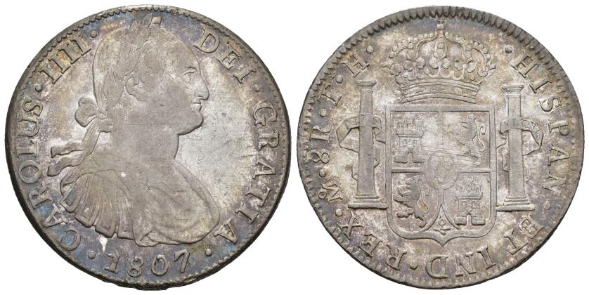 3260   -  CARLOS IV. 8 reales. 1807. México. TH. AR 26,87 g. 39,49 mm. VI-805. Pequeñas marcas. MBC-. 