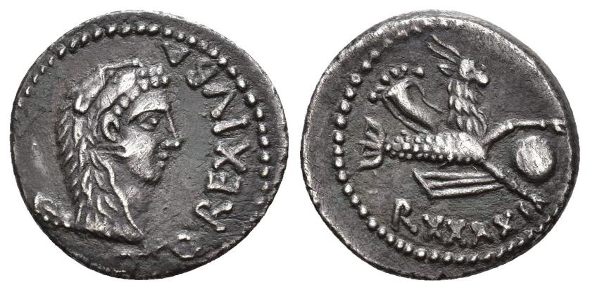 2104   -  COLECCIÓN CORES. REYES NÚMIDAS Y MAURETANOS. JUBA II. Denario. Iol Caesarea (16-17 d.C.). A/ Cabeza con leonté a der., detrás clava; REX IVBA. R/ Capricornio con globo y cornucopia a der.; R XXXVI. AR 2,88 g. 18 mm. COP-587; MAA-164; CC-5814, mismo ejemplar. Leve rozadura. MBC+.