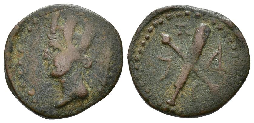 2157   -  COLECCIÓN CORES. TRIPOLITANA. Mitad. Lepcis Magna. A/ Cabeza de Tyche a der., delante palma. R/ Maza y tirso; lpqy. AE 5 g. 22 mm. COP-7; MAA-7; CC-5927, mismo ejemplar. BC+.