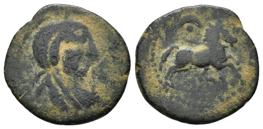 2180   -  COLECCIÓN CORES. NUMIDIA. ¿Saldae? A/ Cabeza de diosa a der., delante caduceo. R/ Caballo galopando a der., encima creciente con glóbulo, debajo ley. púnica. AE 3,68 g. 21 mm. COP-746; CC-5963, mismo ejemplar. Pátina oscura. BC.