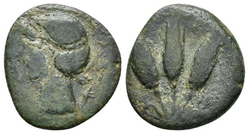 2188   -  COLECCIÓN CORES. MAURETANIA ORIENTAL. Mitad. Iol. A/ Cabeza de Isis a izq., .detrás del cuello aleph. R/ 3 espigas, en campo letra m. AE 4,67 g. 21 mm. MAA-145 d.b.; CC-59754, mismo ejemplar. Pátina verde oscuro. BC+.