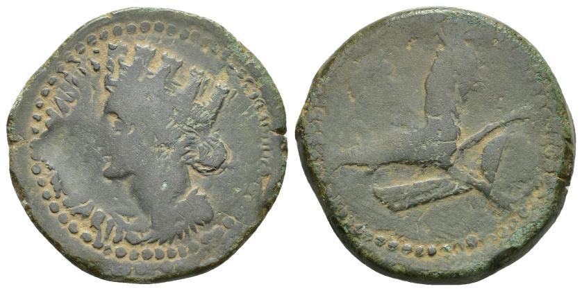 2190   -  COLECCIÓN CORES. MAURETANIA ORIENTAL. Unidad. Iol Caesarea. A/ Cabeza de Tyche a izq.; (SITVM CAESARIS). R/ Capricornio a der. con timón, globo y cornucopia. AE 14,33 g. 29 mm. COP-686; RPC-880; MAA-148; CC-5983, mismo ejemplar. Vano. Pátina verde. BC+.