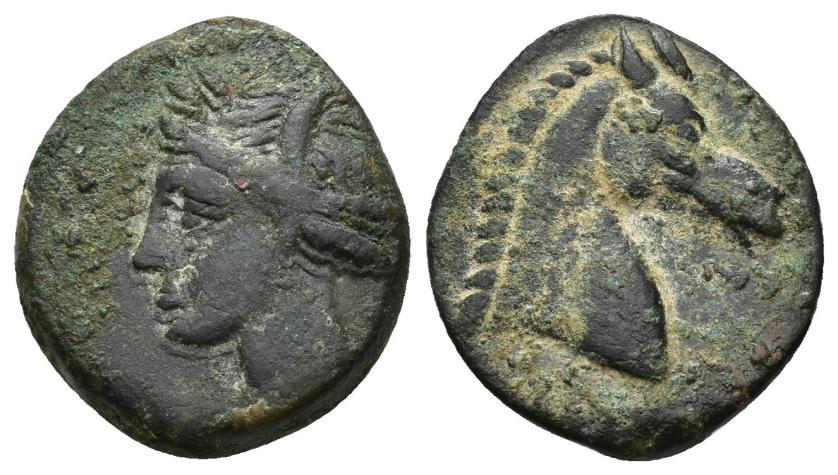 2022   -  COLECCIÓN CORES. CERDEÑA (c. 300-264 a.C.). A/ Cabeza de Tanit a izq. R/ Cabeza de caballo a der. AE 4,59 g. 20 mm. COP-150; CC-5393, mismo ejemplar. Concreciones. Pátina verde oscuro. MBC.