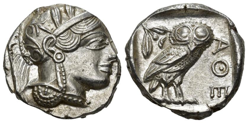 2313   -  GRECIA ANTIGUA. ÁTICA. Atenas. Tetradracma (454-405 a.C.). A/ Cabeza de Atenea a der. R/ Lechuza a der. dentro de cuadrado incuso, detrás rama de olivo, delante AQE. AR 17,20 g. 25,2 mm. COP-34 ss. SBG-2526. EBC.