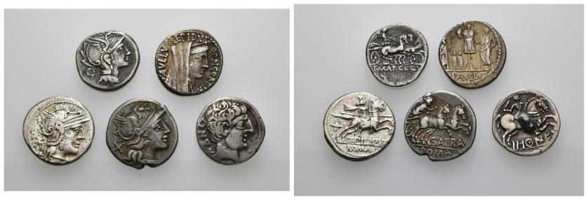 2324   -  REPÚBLICA ROMANA. Lote de 5 denarios: 4 romano-republicanos (Aemilia, Afrania, Mallia, Marcia) y 1 de Bascunes. Calidad media MBC-.