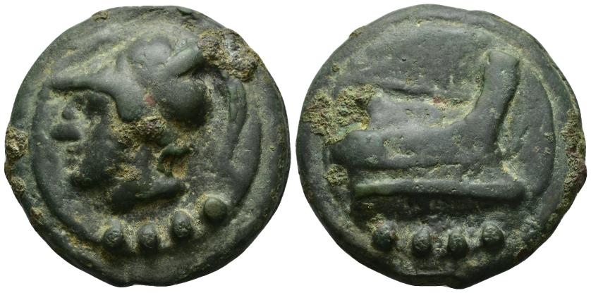 2327   -  REPÚBLICA ROMANA. Triente. Roma (c. 225-217 a.C.). A/ Minerva a izq., debajo 4 glóbulos. R/ Proa a der., debajo 4 glóbulos. AE 85,5 g. 44,7 mm. CRAW-35.3; VEC-78. Pátina verde. MBC/MBC-.