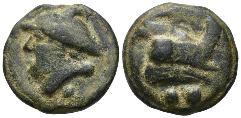 2329   -  REPÚBLICA ROMANA. Sextante. Roma (c. 225-217 a.C.). A/ Cabeza de Mercurio a izq., detrás glóbulo. R/ Proa a der., debajo 2 glóbulos. AE 27,66 g. 30,4 mm. CRAW-36.5.; VEC-92. Pátina oscura. MBC-.