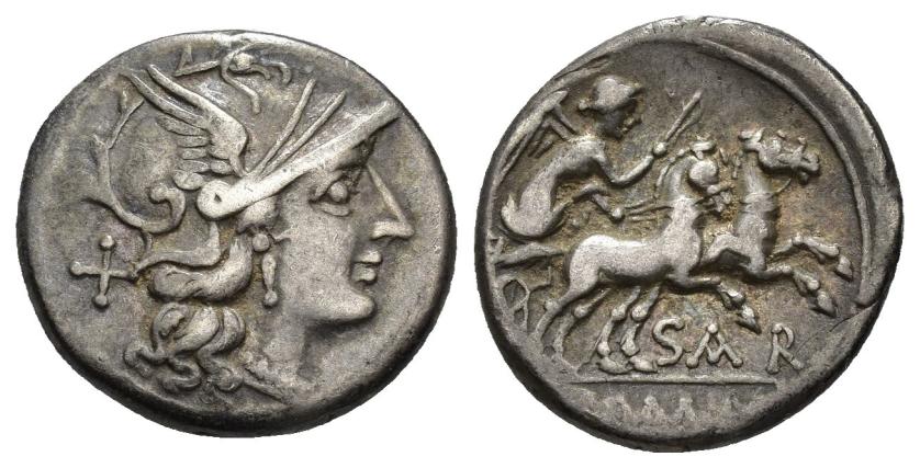 2333   -  REPÚBLICA ROMANA ATILIA. Atilius Saranus. Denario. Roma (155 a.C.). R/ Debajo de la biga SAR. AR 3,68 g. 17,7 mm. Craw-199.1a. FFC-171. MBC.