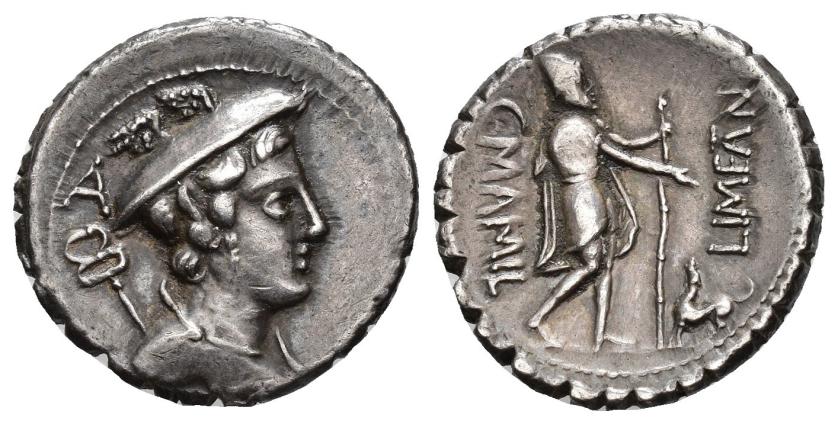 2343   -  REPÚBLICA ROMANA. MAMILIA. C. Mamilius Limetanus. Denario. Roma (82 a.C.). A/ Busto de Mercurio a der., detrás caduceo, encima A. R/ Ulises a der. llegando a Ítaca reconocido por su perro; C MAMIL/ LIMETAN. AR 3,95 g. 19,6 mm. CRAW-362.1; FFC-835. MBC+.