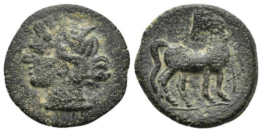 2035   -  COLECCIÓN CORES. CARTAGO (221-210 a.C.). A/ Cabeza de Tanit a izq. R/ Caballo parado a der. con cabeza vuelta; delante letra '. AE 4,37 g. 20 mm. COP-314; CC-5441, mismo ejemplar. Pátina oscura. MBC-.