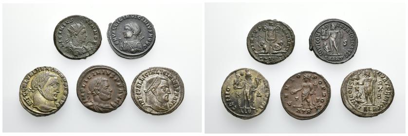 2356   -  IMPERIO ROMANO. Lote de 5 follis: Licnio I (2), Licinio II (2) y Galerio (1). MBC+/EBC-.
