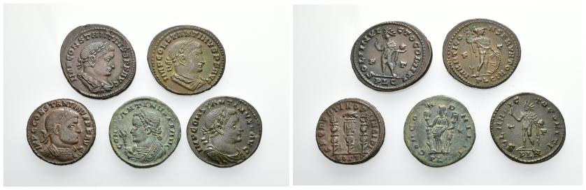 2357   -  IMPERIO ROMANO. Constantino I. Lote de 5 follis: Lugdunum (3), Londinium (1), Ostia (1). MBC+/EBC.