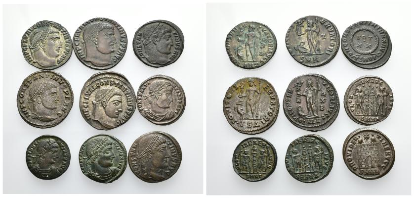 2359   -  IMPERIO ROMANO. Constantino I. Lote de 9 follis: Antioquía (2), Alejandría (1), Heraclea (1), Tesalónica (2), Nicomedia (3). MBC+/EBC.