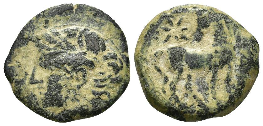 2036   -  COLECCIÓN CORES. CARTAGO (221-210 a.C.). A/ Cabeza de Tanit a izq. R/ Caballo parado a der. con cabeza vuelta; delante letra y estrella sobre la grupa. AE 7,09 g. 23 mm. COP-315; CC-5442, mismo ejemplar. Pátina oscura terrosa. BC.