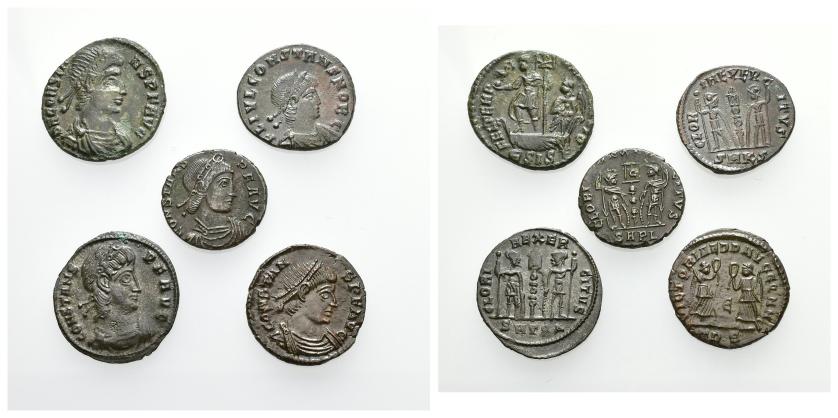 2368   -  IMPERIO ROMANO. Constante. Lote de 5 follis: Arelate, Cyzicus, Siscia, Tesalónica, Treveris. MBC/EBC.