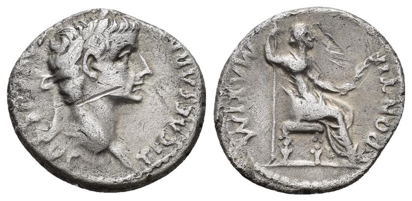 2371   -  IMPERIO ROMANO. TIBERIO. Denario. Lugdunum (36-37 d.C.). A/ Cabeza laureada a der. R/ Livia sentada a der. en silla con patas ornamentadas y sobre línea; PONTIF MAXIM. AR 3,73 g. 18,9 mm. RIC-30. Rayas. MBC-/BC+.