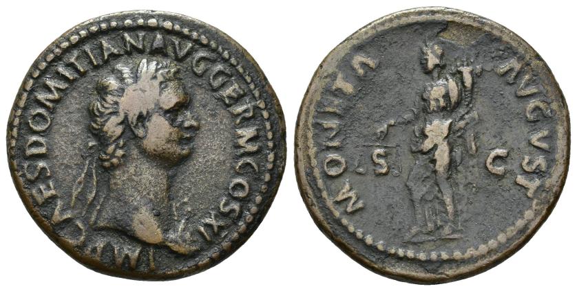 2380   -  IMPERIO ROMANO. DOMICIANO. As. Roma (85 d.C.). A/ Busto laureado a der., IMP CAES DOMITIAN AVG GERM COS XI. R/ Moneta a izq. con balanza y cornucopia; MONETA AVGVST, SC. AE 9,69 g. 219,1 mm. RIC-303. MBC-.