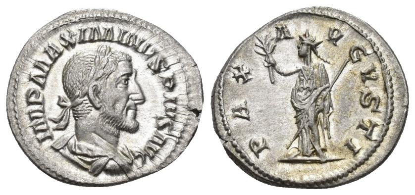 2396   -  IMPERIO ROMANO. MAXIMINO I. Denario. Roma (235-238). R/ Pax a izq. con rama y cetro; PAX AVGVSTI. AR 2,78 g. 20,8 mm. RIC-12. Pequeña grieta. EBC+.