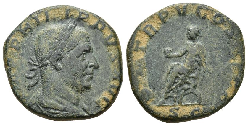 2397   -  IMPERIO ROMANO FILIPO I. As. Roma (248). R/ Emperador en silla curul a izq. con globo y cetro; en exergo S-S; P M TR P V COS III P P. AE 17,28 g. 27,7 mm. RIC-154b. Pátina verde. MBC/BC.