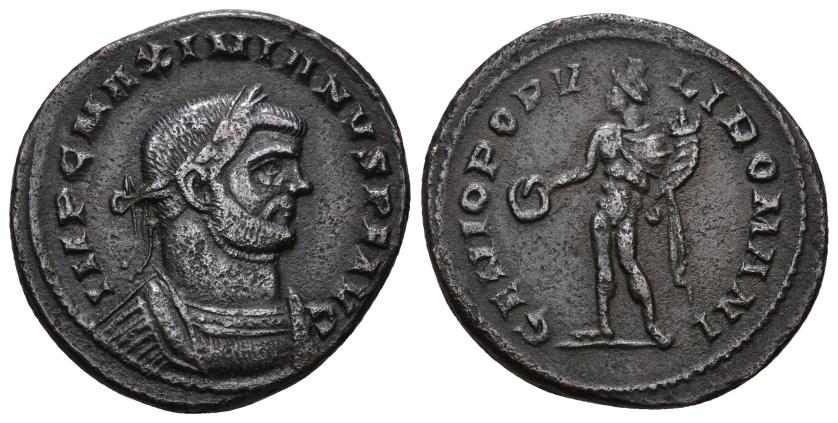 2401   -  IMPERIO ROMANO. MAXIMIANO. Follis. Londinium (300-305). A/ Busto laureado y acorazado a der.; IMP C MAXIMIANVS P F AVG. R/ Genio a izq. con pátera y cornucopia; GENIO POPVLI ROMANI. AE 8,5 g. 27,4 mm. RIC-6b. Porosidades. MBC.