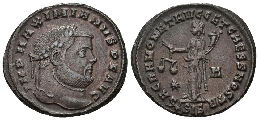 2403   -  IMPERIO ROMANO. MAXIMIANO. Follis. Siscia (302). A/ Cabeza laureada a der.; IMP MAXIMIANVS P F AVG. R/ Moneta a izq. con balanza y cornucopia; SACRA MONETA AVGG ET CAESS NOSTR. */A//*SIS. AE 10,77 g. 29,4 mm. RIC-136b. MBC+.