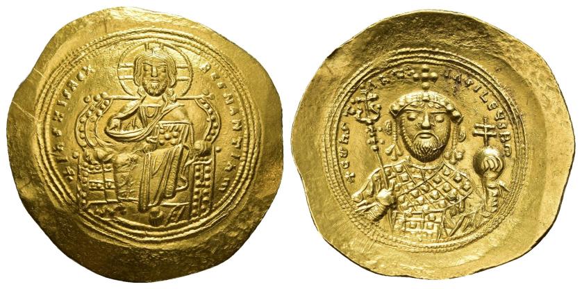 2442   -  IMPERIO BIZANTINO. CONSTANTINO IX. Sólido. Constantinopolis (1042-1055). A/ Cristo entronizado. R/ Busto frontal del emperador con cetro y globo crucíferos. AU 4,38 g. 28,1 mm. SBB-1828. EBC+.