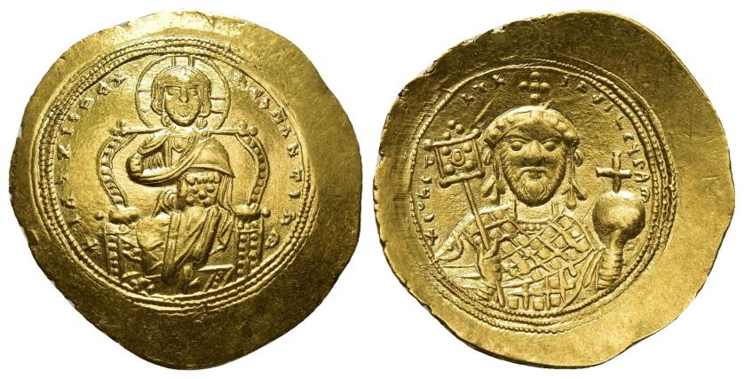 2443   -  IMPERIO BIZANTINO. CONSTANTINO IX. Histamenon nomisma. Constantinopolis (1042-1055). A/ Cristo entronizado. R/ Busto del emperador con labarum y globo crucífero. AU 4,39 g. 25,7 mm. SBB-1829. EBC-/EBC.