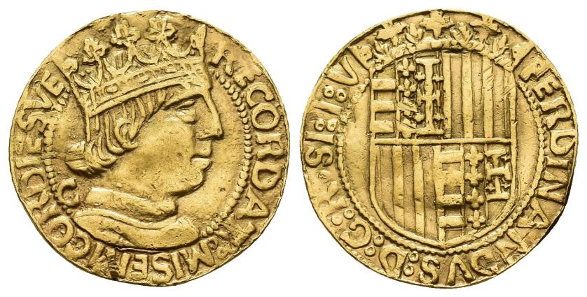 2477 - CORONA DE ARAGÓN. FERNANDO I DE NÁPOLES. Ducado. Nápoles. S/F. R/ C detrás del busto. Crus-652C. IV-997. MBC. Muy escasa.