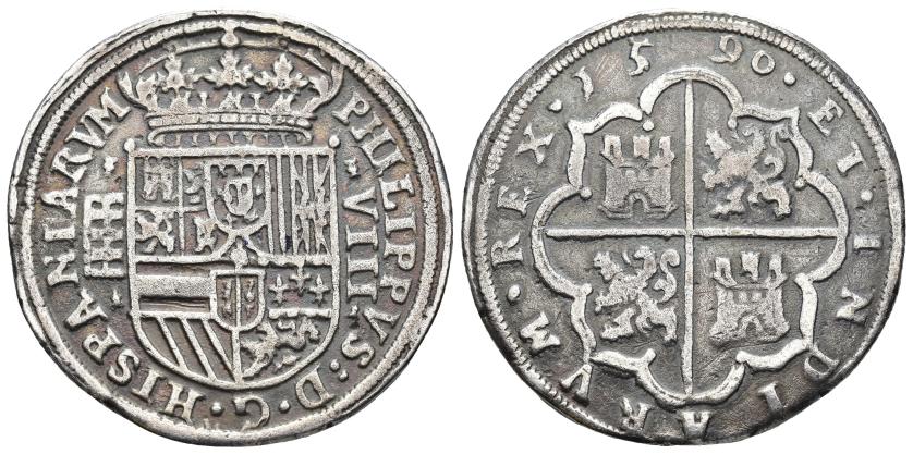 2486   -  FELIPE II. 8 reales. 1590. Segovia. Falsa de época. AR 18,48 g. 40,8 mm. MBC-. 