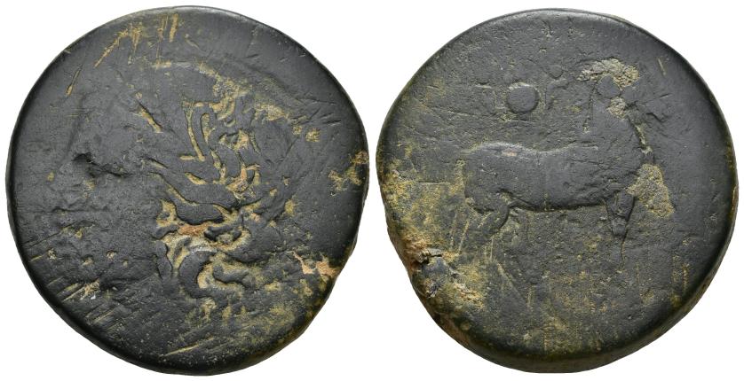 2049   -  COLECCIÓN CORES. CARTAGO (Fin. s. III-principios s. II a.C.). A/ Cabeza de Tanit a izq. R/ Caballo parado a der., encima disco solar con uraeus. AE 89,36 g. 44 mm. COP-400; CC-5460, mismo ejemplar. Pátina oscura. BC-.